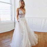 A Line Deep V-Neck Backless White Tulle Prom Dress With Appliques HZ0527
