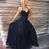 A Line Spaghetti Straps Floor Length Navy Sequined Prom Dress HZ0527