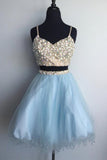 Two Piece A-line Spaghetti Strap Mini Tulle Short Homecoming Dresses HZ0527