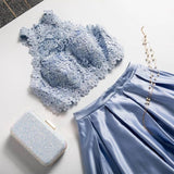 Two Piece A Line Jewel Light Sky Blue Floor Length Prom Dress With Lace Top HZ0527