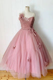 Pink Spaghetti Straps Tulle Tea Length Prom Dress Bridesmaid Dress HZ0527