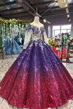 Ball Gown Long Sleeves Sequins Ombre Prom Dress, Pretty Quinceanera Dress HZ0527