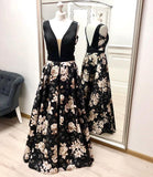 A Line V Neck Floral Prom Dresses, Long Black Prom Gown HZ0527