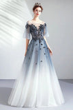 Ombre A Line Half Sleeves Tulle Round Neck Prom Dress Evening Dresses HZ0527