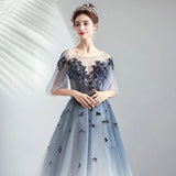 Ombre A Line Half Sleeves Tulle Round Neck Prom Dress Evening Dresses HZ0527
