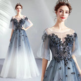 Ombre A Line Half Sleeves Tulle Round Neck Prom Dress Evening Dresses HZ0527