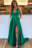 Green A Line Halter Sexy Split Prom Dresses With Pockets HZ0527