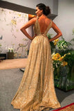 Promfast A-line Gold Sequin Empire Prom Dress Long 2025 Sweep Train HZ0527