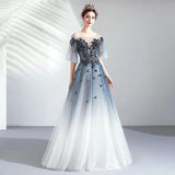 Ombre A Line Half Sleeves Tulle Round Neck Prom Dress Evening Dresses HZ0527