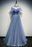 A Line High Neck Tulle Short Sleeves Prom Dress Long Evening Party Dresses HZ0527
