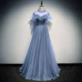 A Line High Neck Tulle Short Sleeves Prom Dress Long Evening Party Dresses HZ0527