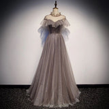 A Line High Neck Tulle Short Sleeves Prom Dress Long Evening Party Dresses HZ0527