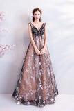 A Line V Neck Appliques Long Prom Dress With Stars Evening Dresses HZ0527