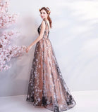 A Line V Neck Appliques Long Prom Dress With Stars Evening Dresses HZ0527