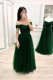 Simple A Line Off the Shoulder Prom Dresses, Long Tulle Green Prom Dress HZ0527