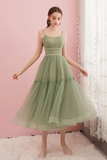 Promfast Simple Tulle Spaghetti Straps Tea A Line Length Homecoming Dresses HZ0527