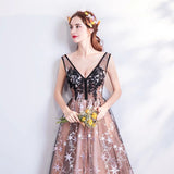A Line V Neck Appliques Long Prom Dress With Stars Evening Dresses HZ0527