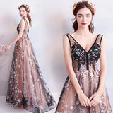 A Line V Neck Appliques Long Prom Dress With Stars Evening Dresses HZ0527