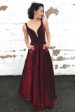 A-Line V-Neck Long Burgundy Prom Dress with Pockets Floral Appliques HZ0527