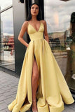 Charming A Line Spaghetti Straps Yellow Prom Dresses with Split Front HZ0527