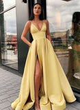 Charming A Line Spaghetti Straps Yellow Prom Dresses with Split Front HZ0527