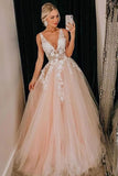 Pink Tulle V Neck Long Senior Prom Dress, Formal Dress With Applique HZ0527