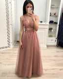 New A Line V Neck Beading Prom Dresses, Long Tulle Prom Dress HZ0527