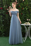 A Line Off the Shoulder Chiffon Blue Prom Dress, Long Bridesmaid Dresses HZ0527