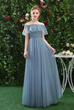 A Line Chiffon Blue Off the Shoulder Prom Dress, Long Ruffles Bridesmaid Dresses HZ0527