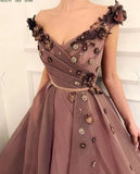A Line V Neck Cap SleevesBrown Long Flowers Prom Dresses With Pockets HZ0527