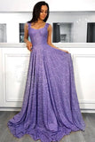 A-Line Straps Sleeveless Sweep Train Lavender Lace Prom Dress HZ0527