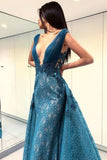 A-Line Deep V-Neck Lace Blue Floor Length Prom Dresses HZ0527