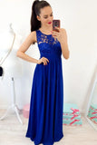 A-Line Round Neck Floor-Length Royal Blue Prom Dress with Lace Pleats HZ0527