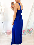 A-Line Round Neck Floor-Length Royal Blue Prom Dress with Lace Pleats HZ0527