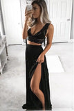 Two Piece V-Neck Floor-Length Black Chiffon Prom Dress with Lace Bodice HZ0527