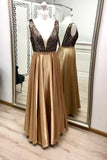 Charming A Line V Neck Gold Prom Dresses, Beaded Long Prom Dress HZ0527