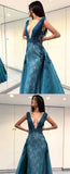 A-Line Deep V-Neck Lace Blue Floor Length Prom Dresses HZ0527
