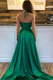 Green A Line Halter Sexy Split Prom Dresses With Pockets HZ0527
