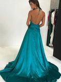 Deep V-neck Spaghetti Straps Turquoise Long Side Slit Sexy Prom Dresses HZ0527