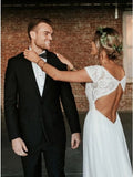 A-Line Bateau Cap Sleeves Open Back Bohemian Wedding Dress with Lace HZ0527