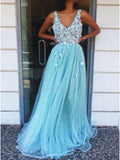 A-Line V-Neck Floor-Length Tulle Long Prom Dress with Appliques HZ0527