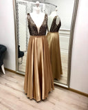 Charming A Line V Neck Gold Prom Dresses, Beaded Long Prom Dress HZ0527