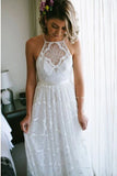 Charming A-Line Halter Backless Sweep Train White Lace Wedding Dress HZ0527