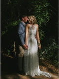 Charming A-Line Halter Backless Sweep Train White Lace Wedding Dress HZ0527