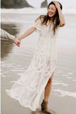 A-Line V-Neck Short Sleeves Bohemian Lace Beach Wedding Dress with Split HZ0527