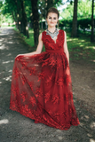 Promfast Unique Burgundy Prom Dresses V Neck Straps Long Lace Appliques Party Dresses HZ0527