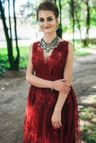 Promfast Unique Burgundy Prom Dresses V Neck Straps Long Lace Appliques Party Dresses HZ0527