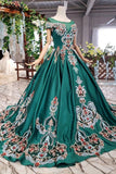 New Arrival Prom Dresses Short Sleeves Green Ball Gown With Applique Beads HZ0527