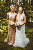 Sheath Round Neck Backless Rose Gold Sequin Long Bridesmaid Dress HZ0527