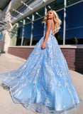 A-line Spaghetti Straps Lace Appliques Sky Blue Long Prom Dresses Evening Dresses HZ0527